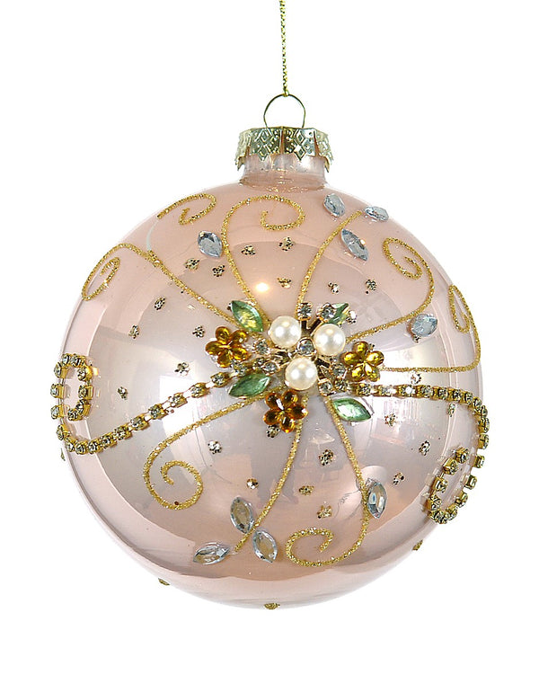 Premium Glass 8 cm Glass Pink With Pearls Ball - 1 Pc
