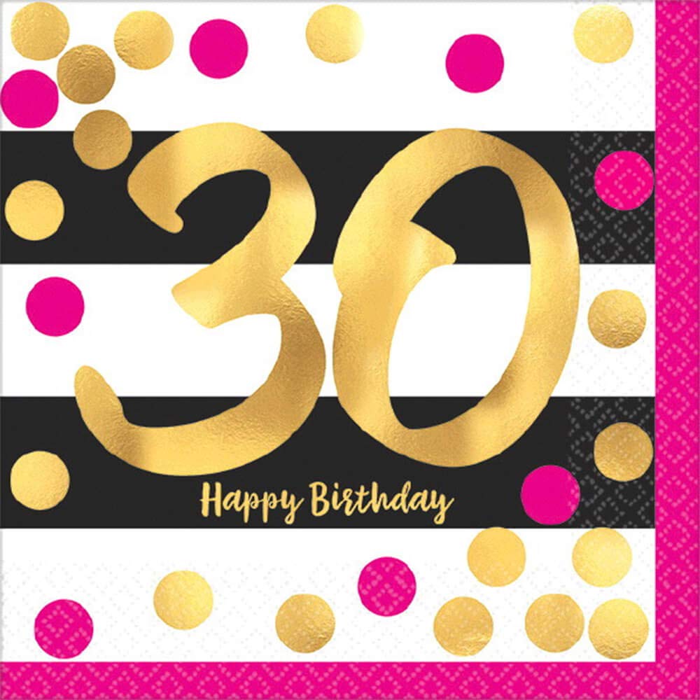 Paper Napkins 16cm*16cm Pink &amp; Gold Milestone Birthday 30- 16pc