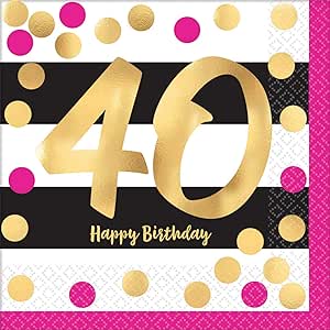 Paper Napkins 16cm*16cm Pink &amp; Gold Milestone Birthday 40- 16pc
