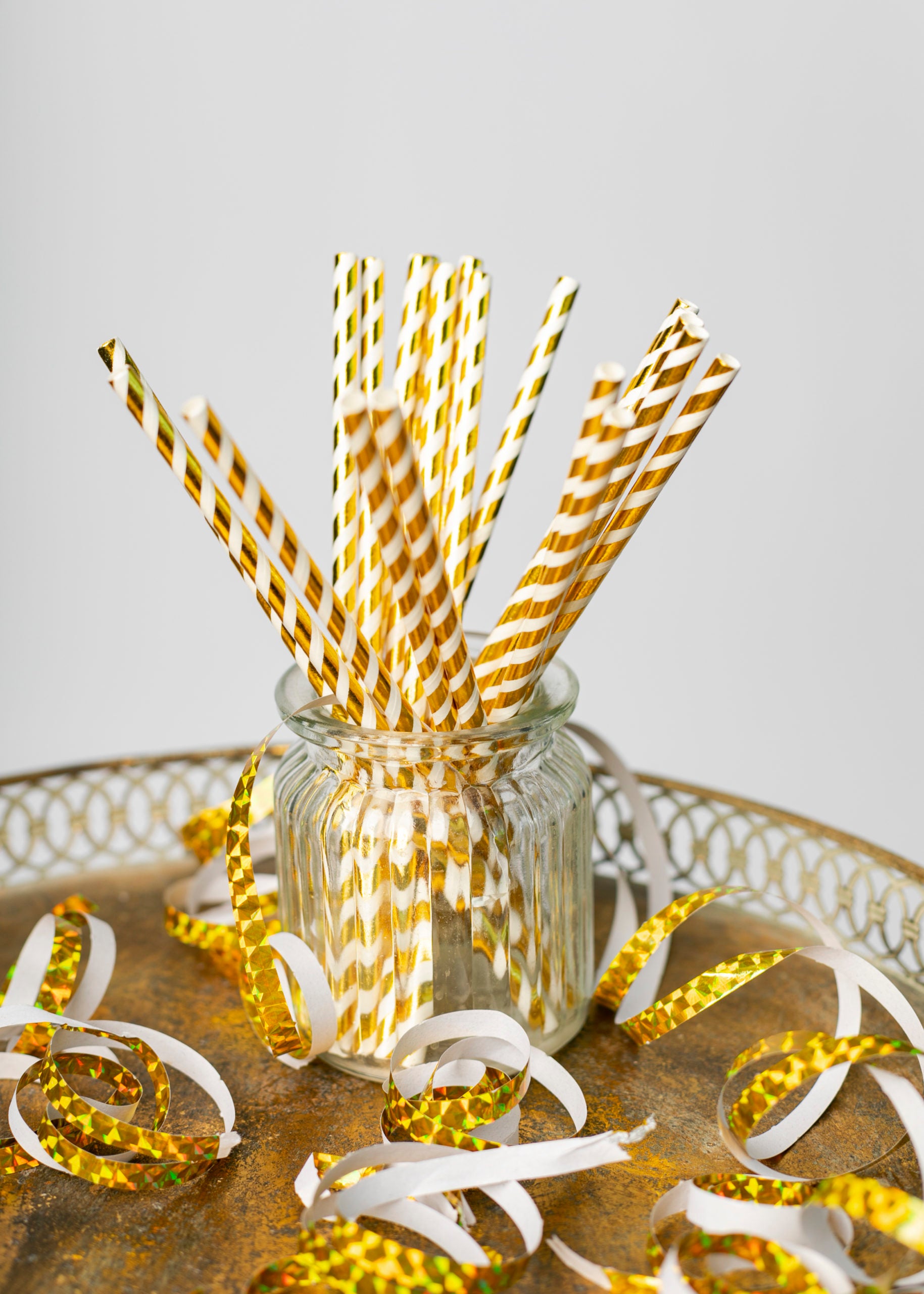 20 Paper straws 6mm x 197mm striped Gold Hot Stamping