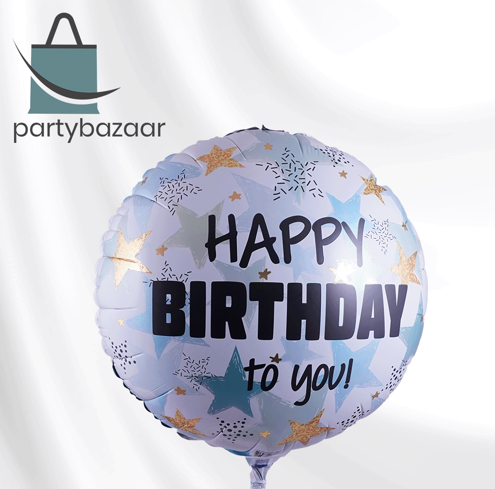 Stars Blue Gold Birthday Round Balloon