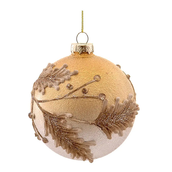 Premium 10 Cm Glass Gold Ball With Leaves Ornament- 1 Pc