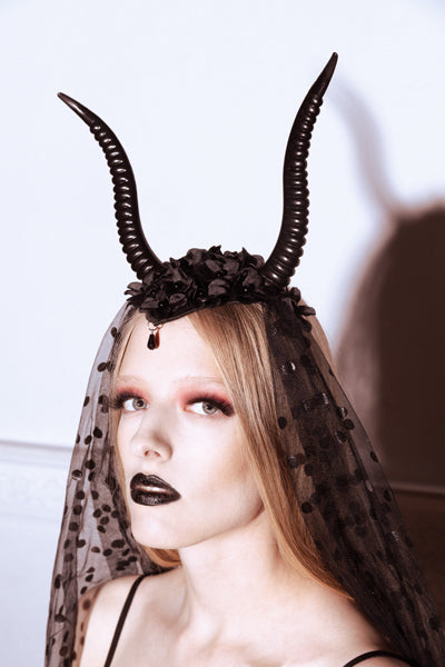Devil Horns Headband with Tulle Black 30x76 cm